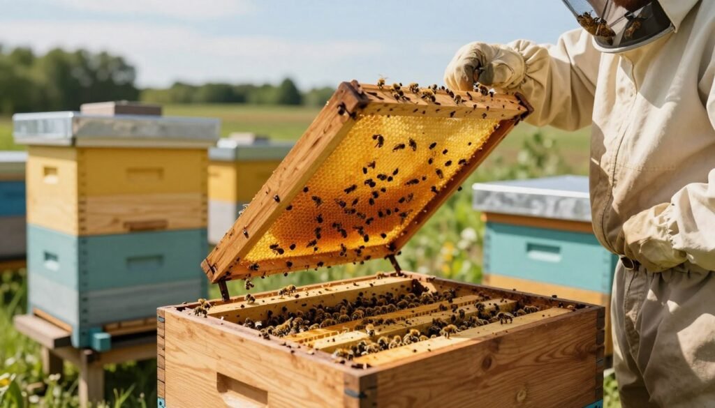 A beautifully organized apiary setup featuring a migratory lid in action, showcasing its advantages for honeybee management. In the foreground, a beekeeper, dressed in a protective suit, gently lifts the migratory lid off a wooden hive to reveal busy bees working diligently inside. The middle ground highlights multiple hives with different colors, showcasing their sturdy construction and stability. The background illustrates a sunny day with a clear blue sky and distant green trees, creating a peaceful atmosphere. Soft, warm lighting emphasizes the golden tones of the honey and bees, while a shallow depth of field keeps the focus on the beekeeper and the migratory lid. The overall mood is welcoming and informative, capturing the essence of effective apiary management.