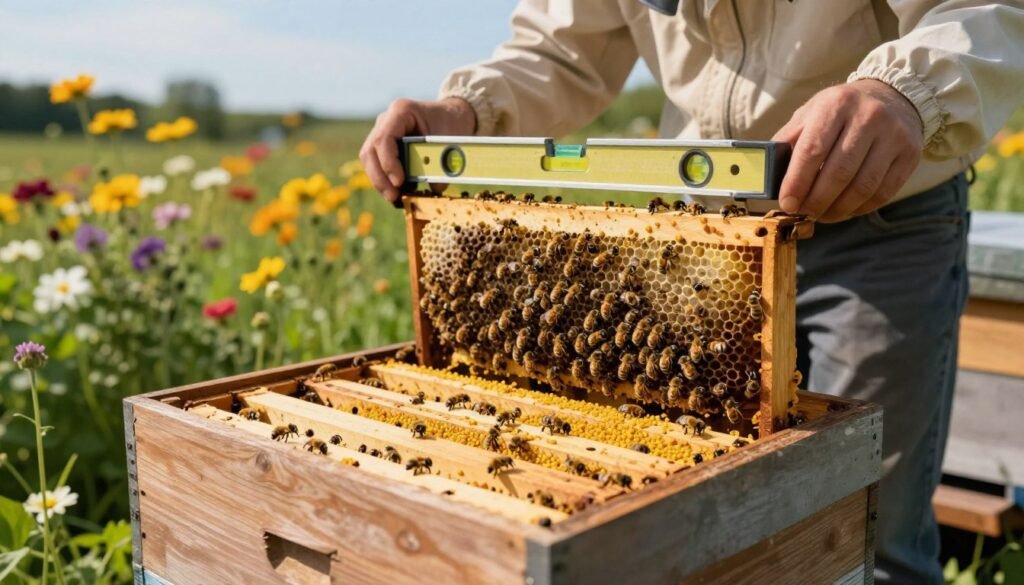 A beautifully organized bee hive nestled in a lush garden, showcasing a level hive structure with straight combs. In the foreground, a close-up of the hive entrance reveals bees busily carrying pollen. The middle ground features a beekeeper in smart casual attire, gently inspecting the hive with a spirit level tool, ensuring perfect alignment. In the background, a vibrant, sunlit landscape with blooming flowers and a clear blue sky emphasizes the natural harmony of the environment. Soft, warm lighting enhances the serene atmosphere, while a shallow depth of field subtly blurs the distant flowers, drawing attention to the hive and beekeeper. The overall mood is one of tranquility and professionalism, highlighting the importance of hive leveling for optimal bee growth.