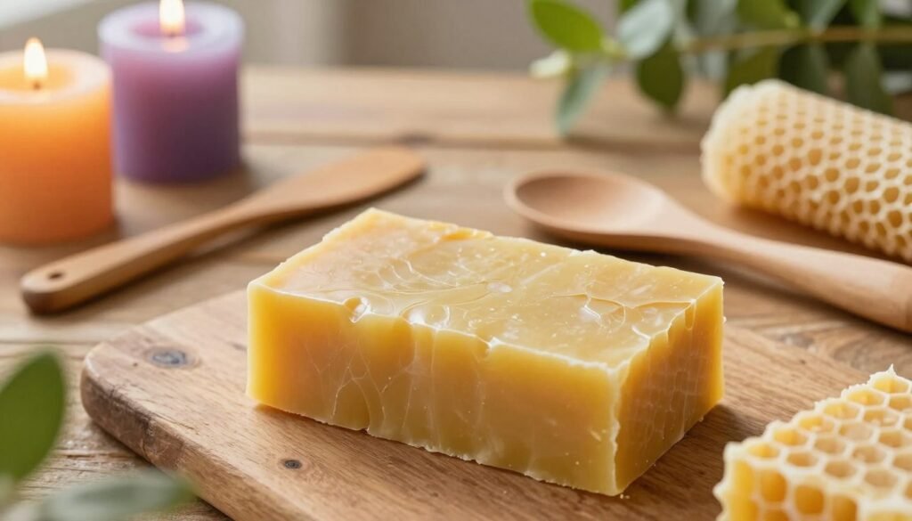 A beautifully rendered block of beeswax, glistening softly under a warm, natural light. In the foreground, the wax has a smooth, glossy texture with some intricate patterns, indicative of the natural comb structure. Surrounding the wax, there are creative uses showcased, such as brightly colored candles and handcrafted beeswax wraps, hinting at its versatility. The middle ground features wooden tools like a spatula and a mold, hinting at the crafting process. In the background, a rustic wood table adds warmth, while soft green plants frame the scene, creating an inviting atmosphere. The overall mood is cozy and creative, emphasizing the natural beauty and functionality of rendered beeswax. The lens captures the image from a slight overhead angle, enhancing the details of the wax while keeping the focus clear.
