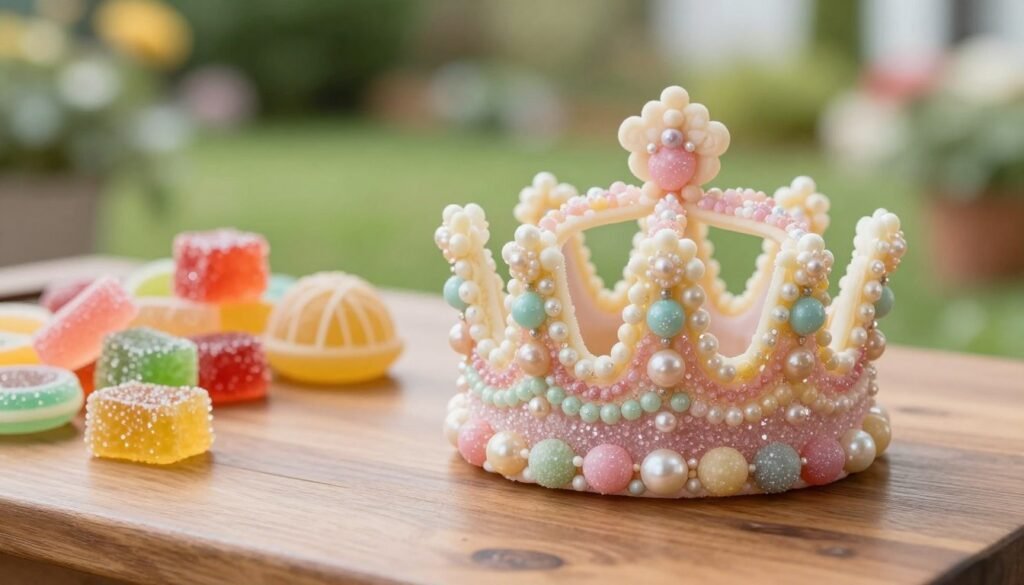 A beautifully styled composition of queen candy, showcasing a delicate, elegantly crafted piece resembling a royal crown, made entirely of pastel-colored sugar and edible decorations. In the foreground, focus on intricate details like shimmering glazes and tiny edible pearls sparkling under soft, natural light. In the middle ground, arrange a selection of colorful candies, including honeycomb and fruit-flavored sweets, artistically displayed on a polished wooden surface. The background features a soft, blurred garden setting with gentle greenery to evoke a tranquil atmosphere. Use a wide-angle lens to capture the entire scene, creating a warm, inviting mood that highlights the craftsmanship and artistry of queen candy, suitable for an informative context. No text or watermarks should be present in the image.