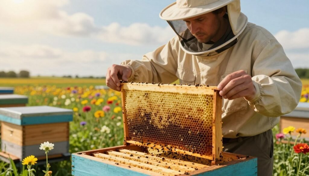 A beehive inspection scene in a field, depicting a beekeeper in professional, modest work attire, examining a brood frame. In the foreground, the beekeeper's focused expression shows concern as they misidentify supersedure cells among healthy brood. The frame has a mix of capped and uncapped honeycomb areas, highlighting common inspection mistakes. In the middle ground, a vibrant array of flowers surrounds the hive, symbolizing a healthy environment but also the potential for swarming. The background features a sunny sky with soft clouds, casting warm, diffused lighting that enhances the colors of the hive and flowers. The overall mood is educational yet slightly tense, emphasizing the importance of careful hive management.