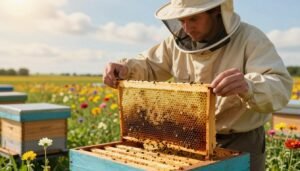 A beehive inspection scene in a field, depicting a beekeeper in professional, modest work attire, examining a brood frame