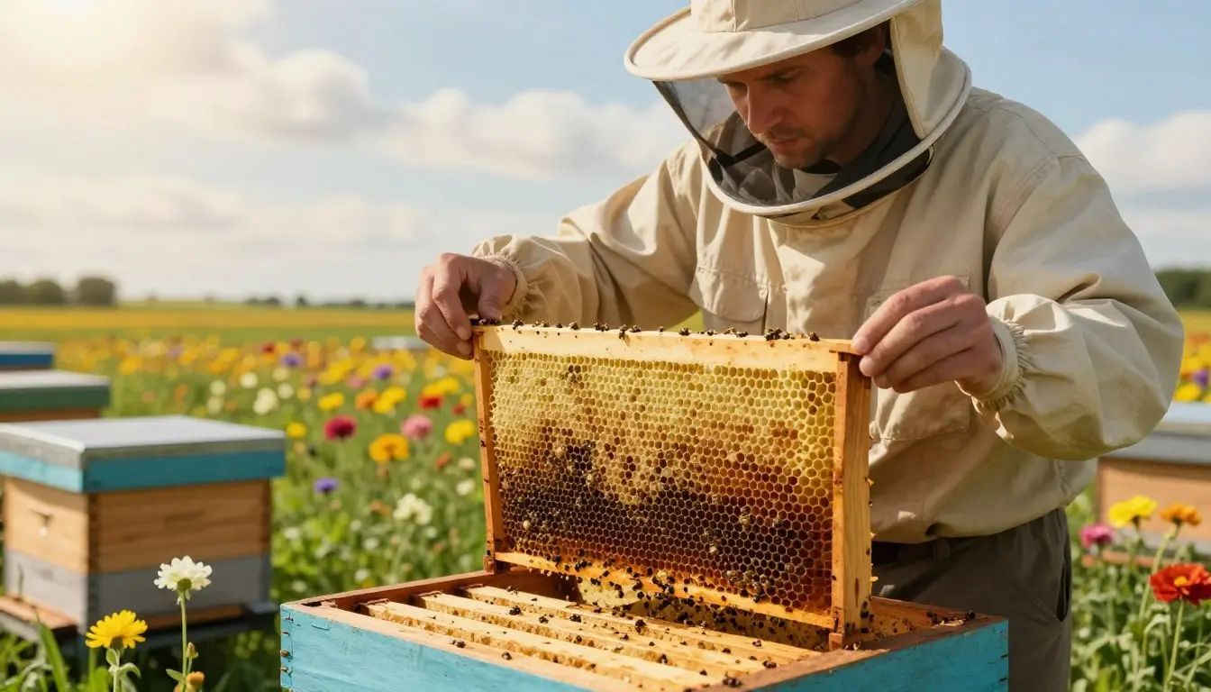 A beehive inspection scene in a field, depicting a beekeeper in professional, modest work attire, examining a brood frame