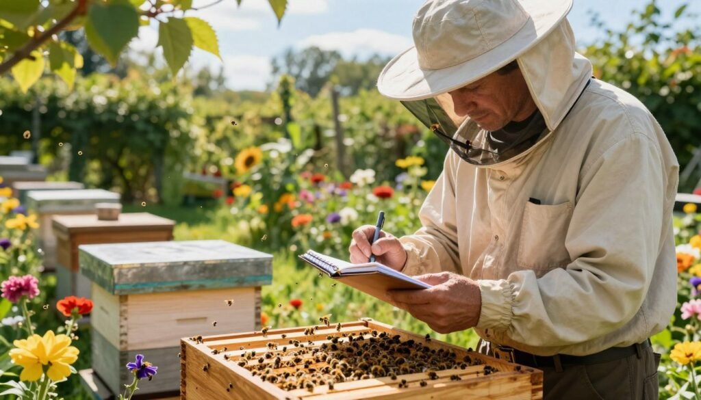 A beekeeper diligently maintaining accurate beekeeping records in a sunny garden setting. Foreground: The beekeeper, a middle-aged person in modest casual clothing, writing notes in a ledger with a focused expression. Middle ground: A wooden beehive surrounded by colorful flowers and buzzing bees. Background: Lush green trees under a bright blue sky, with soft sunlight filtering through the leaves. Lighting is warm and inviting, highlighting the details of the bee equipment and the vibrant colors of the garden. The overall mood is serene and productive, reflecting best practices in beekeeping and integrated pest management. The composition should be from a slightly elevated angle, capturing both the beekeeper’s actions and the thriving environment.