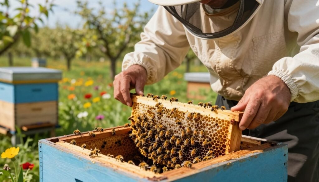 A beekeeper, dressed in professional attire, is carefully inspecting a wooden hive in a sunny orchard setting. In the foreground, close-up details show the beekeeper's hands gently prying apart the hive frames to assess the population of bees inside. Vibrant bees are bustling around, some clinging to honeycomb filled with larvae and honey, indicating a strong hive environment. In the middle ground, additional hives are visible, surrounded by colorful flowers and greenery, illustrating a thriving ecosystem. The background features a clear blue sky with soft, warm sunlight filtering through, creating a peaceful atmosphere that conveys the importance of assessing hive population strength. The image should capture a sense of diligence and care, emphasizing the vital task of evaluating bee colonies before the honey flow.
