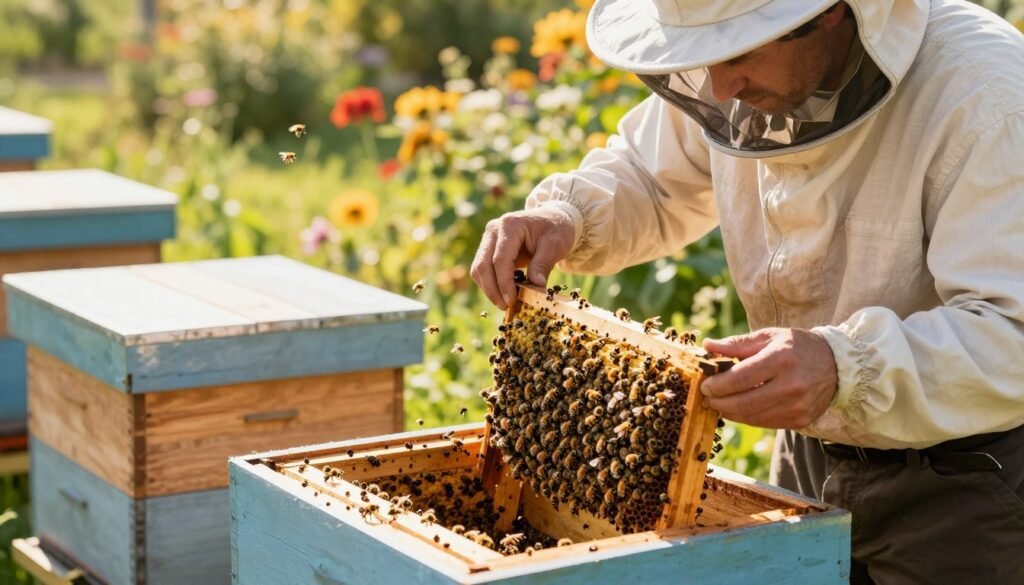A beekeeper in a light, breathable long-sleeve shirt and sun hat carefully installing a package of bees in a wooden hive during a bright, hot day. The foreground features the beekeeper gently opening the box of bees, with bees visibly buzzing around. In the middle ground, the wooden hive is partially open, showcasing its intricate structure and the vibrant natural color of the bees. The background shows a sunlit garden filled with flowering plants, radiating warmth and tranquility. The scene is bathed in soft, golden sunlight, enhancing the cheerful and productive atmosphere. The camera is angled slightly looking up, emphasizing the beekeeper's focused expression and the lively activity of the bees, creating a mood of diligence and care for nature. A beekeeper in a light, breathable long-sleeve shirt and sun hat carefully installing a package of bees in a wooden hive during a bright, hot day. The foreground features the beekeeper gently opening the box of bees, with bees visibly buzzing around. In the middle ground, the wooden hive is partially open, showcasing its intricate structure and the vibrant natural color of the bees. The background shows a sunlit garden filled with flowering plants, radiating warmth and tranquility. The scene is bathed in soft, golden sunlight, enhancing the cheerful and productive atmosphere. The camera is angled slightly looking up, emphasizing the beekeeper's focused expression and the lively activity of the bees, creating a mood of diligence and care for nature.