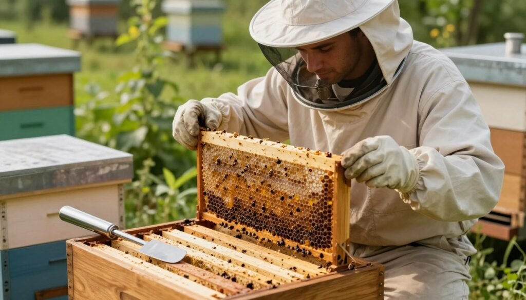A beekeeper in a modest casual outfit carefully inspects and sanitizes hive equipment in an outdoor apiary, emphasizing the importance of managing sanitation to prevent disease. In the foreground, a stainless steel hive tool rests on a wooden surface, surrounded by freshly cleaned equipment, including frames and smokers. In the middle ground, the beekeeper kneels, examining a frame for any signs of the Deformed Wing Virus, with a focused expression. The background includes vibrant green plants and a few beehives, softly blurred. The lighting is warm and natural, evoking a sense of calm and professionalism. The camera angle is slightly low to capture the beekeeper's dedication and the intricate details of the equipment, creating a purposeful atmosphere for proper hive management.