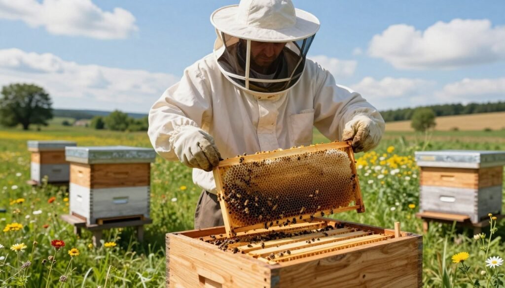 A beekeeper in a modestly attired professional outfit meticulously prepares a wooden beehive for drone brood trapping. In the foreground, the beekeeper gently removes frames filled with drone comb, showcasing the rich textures of honeycomb and brood cells. In the middle ground, behind the beekeeper, several wooden beehive boxes are arranged on a lush green lawn with wildflowers, under a bright blue sky dotted with fluffy white clouds. The sunlight casts soft, warm illumination, creating a serene atmosphere. The background features a peaceful rural landscape with trees and distant hills. The scene captures the precision and care involved in beekeeping, emphasizing the natural beauty and vibrant colors of bees and flowers in harmony. A beekeeper in a modestly attired professional outfit meticulously prepares a wooden beehive for drone brood trapping. In the foreground, the beekeeper gently removes frames filled with drone comb, showcasing the rich textures of honeycomb and brood cells. In the middle ground, behind the beekeeper, several wooden beehive boxes are arranged on a lush green lawn with wildflowers, under a bright blue sky dotted with fluffy white clouds. The sunlight casts soft, warm illumination, creating a serene atmosphere. The background features a peaceful rural landscape with trees and distant hills. The scene captures the precision and care involved in beekeeping, emphasizing the natural beauty and vibrant colors of bees and flowers in harmony.