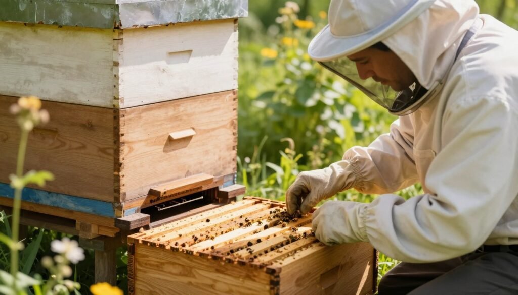 A beekeeper in a professional outfit carefully inspecting a wooden beehive, kneeling in the foreground. The middle ground features a close-up of the hive entrance, where a mouse guard is being evaluated for secure placement. In the background, lush greenery surrounds the hive, hinting at a sunny day with warm, natural lighting illuminating the scene. Soft shadows enhance the textures of the bee boxes and the nearby flowers, creating an inviting atmosphere. The beekeeper exhibits focus and diligence, reflecting the importance of hive safety. The angle is slightly above eye level, providing a comprehensive view of both the beekeeper's actions and the surrounding environment, with no distractions or elements that could detract from the central theme.
