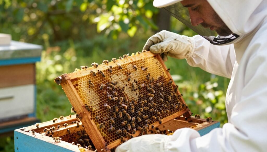 A beekeeper in a protective suit is carefully inspecting a wooden bee hive for queen cells, focusing intently on the frames filled with bees. In the foreground, the beekeeper holds a frame, highlighting the intricate details of the bees and honeycomb. The middle ground features the open hive, filled with buzzing bees in various natural poses, illustrating the bustling activity of the colony. In the background, a lush green garden sets a serene scene with soft, dappled sunlight filtering through the leaves, creating a warm and inviting atmosphere. The angle captures a close-up view of the beekeeper's concentrated expression, emphasizing the importance of checking for queen cells, while the lighting enhances the golden hues of honey and bees.