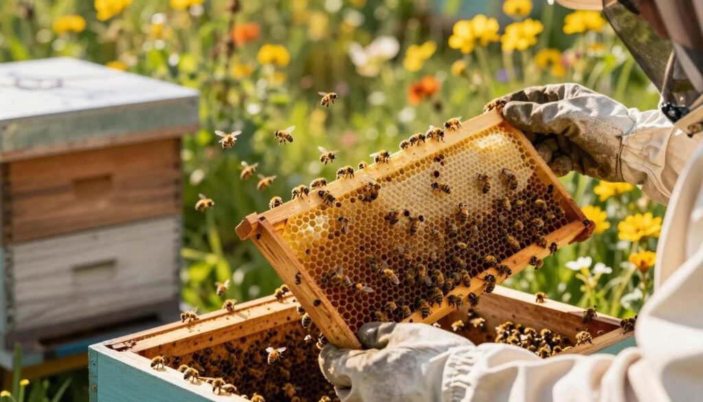 A beekeeper in a sunlit apiary, gently holding a bee frame filled with fresh wax foundation to encourage bees to draw it out. In the foreground, the beekeeper's hands, clad in protective gloves, showcase honeycomb cells filled with bees. In the middle ground, bustling bees hover around, gathering nectar, with some actively working on the wax foundation. The background features a wooden beehive and vibrant flowers, creating a lively, natural atmosphere. Soft, golden sunlight filters through the leaves, casting dappled shadows. The angle is slightly elevated, capturing the intricate details of the hive and bees, conveying a sense of harmony and diligence in nature’s cycle. The overall mood is warm, inviting, and productive, showcasing the beauty of beekeeping.