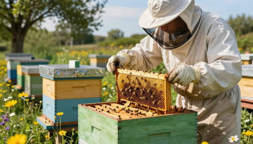A beekeeper in a well-lit apiary, wearing a protective suit and veil, inspects a hive with honey supers on, surrounded by vibrant wildflowers and buzzing bees. The focus is on the horizontal view of the hive, showcasing the honey supers stacked above the brood chamber, with bees actively foraging. Soft sunlight filters through the trees, casting gentle shadows and creating a warm atmosphere. In the background, more hives are visible, with a clear blue sky above. The scene captures the tension between the necessity of varroa treatment and the presence of honey supers, effectively illustrating the question of their coexistence. The image should convey a sense of diligence and care in beekeeping practices.