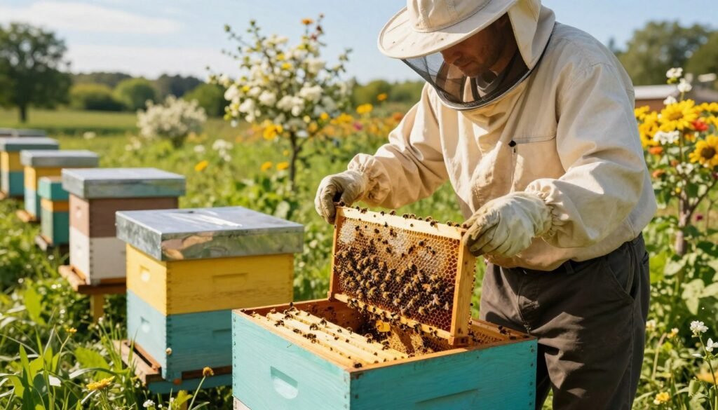 A beekeeper in modest casual clothing diligently manages a parent colony of bees in a vibrant, sunlit apiary. In the foreground, the beekeeper is gently inspecting a hive, holding up a frame filled with bees and honeycomb. The middle ground features several active hives, with bees buzzing around, while lush greenery borders the scene, suggesting a well-maintained environment. The background showcases blooming flowers and distant trees under a clear blue sky, enhancing the feeling of a healthy ecosystem. The warm sunlight creates a soft, golden glow, illuminating the hives and reflecting off the honeycomb, evoking a sense of harmony and diligent care. The angle is slightly low, emphasizing the beekeeper's attention to detail and connection with the bees. A beekeeper in modest casual clothing diligently manages a parent colony of bees in a vibrant, sunlit apiary. In the foreground, the beekeeper is gently inspecting a hive, holding up a frame filled with bees and honeycomb. The middle ground features several active hives, with bees buzzing around, while lush greenery borders the scene, suggesting a well-maintained environment. The background showcases blooming flowers and distant trees under a clear blue sky, enhancing the feeling of a healthy ecosystem. The warm sunlight creates a soft, golden glow, illuminating the hives and reflecting off the honeycomb, evoking a sense of harmony and diligent care. The angle is slightly low, emphasizing the beekeeper's attention to detail and connection with the bees.