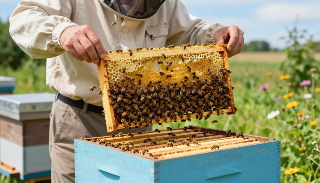 A beekeeper in modest, professional attire carefully inspects a top bar hive designed for propolis collection. In the foreground, the beekeeper holds a frame with bees working diligently. The middle layer features the hive, with propolis screens in place, showcasing the intricate details of the hive structure. Bees hover around, and some cluster on the frames, emphasizing a busy atmosphere. The background shows a sunny apiary with green foliage, flowers, and a clear blue sky, creating a serene, productive environment. Soft, natural lighting illuminates the scene, with a focus on the hive and beekeeper, captured with a shallow depth of field for an intimate feel. A beekeeper in modest, professional attire carefully inspects a top bar hive designed for propolis collection. In the foreground, the beekeeper holds a frame with bees working diligently. The middle layer features the hive, with propolis screens in place, showcasing the intricate details of the hive structure. Bees hover around, and some cluster on the frames, emphasizing a busy atmosphere. The background shows a sunny apiary with green foliage, flowers, and a clear blue sky, creating a serene, productive environment. Soft, natural lighting illuminates the scene, with a focus on the hive and beekeeper, captured with a shallow depth of field for an intimate feel.
