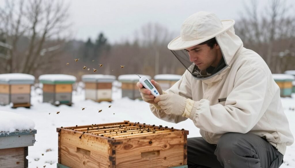 A beekeeper in professional attire carefully checks a hive's temperature with a digital thermometer, crouching in front of a wooden bee hive in a serene winter landscape. In the foreground, the beekeeper's focused expression and hands holding the thermometer create a sense of diligence. The middle ground features a snow-dusted hive, some bees visible flying nearby, indicating mild activity despite the cold. In the background, a soft-focus of leafless trees and a gentle gray sky enhances the chilly atmosphere of winter. Soft, diffused natural light bathes the scene, emphasizing the importance of temperature management in bee care. The overall mood is calm and focused, reflecting a dedicated approach to maintaining optimal conditions for the bees.