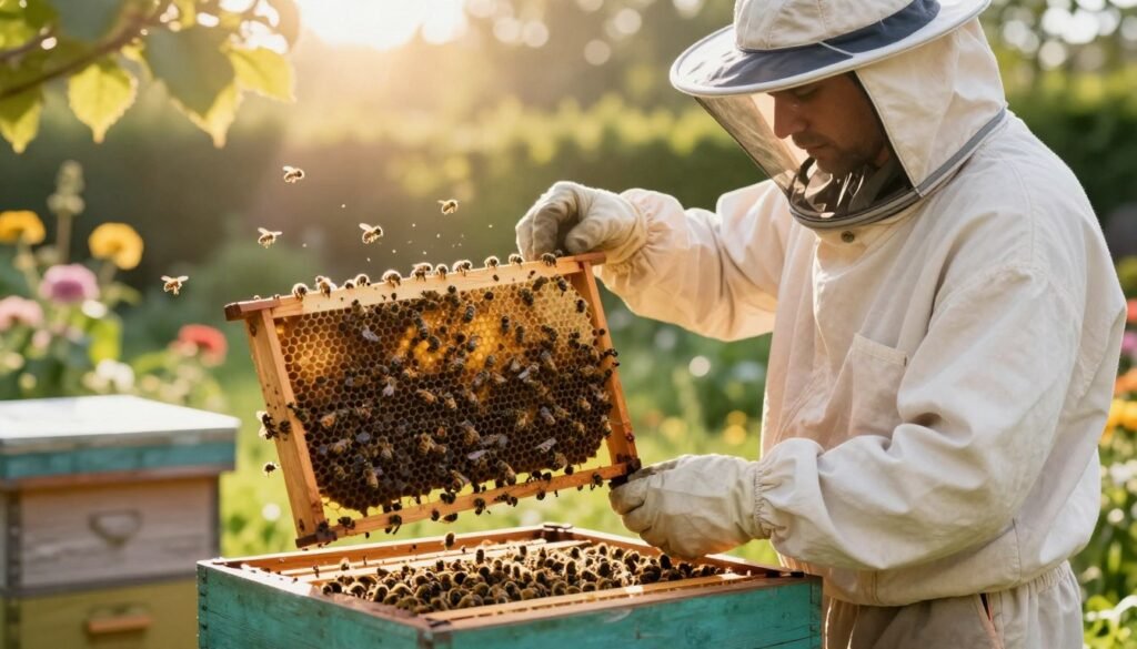 A beekeeper in professional attire, carefully examining frames in a wooden beehive, searching for the queen bee among the bustling worker bees. The scene is set in a sunlit backyard, with soft, golden rays filtering through the leaves above, creating a warm and inviting atmosphere. In the foreground, the beekeeper holds up a frame, scrutinizing it closely, while bees swarm gently around. The middle ground features the hive with its intricate hexagonal patterns, filled with activity and vibrant life. The background showcases a lush garden with blooming flowers and greenery, adding depth to the scene. The image is captured with a shallow depth of field, focusing on the beekeeper and the frame, while the hive and garden blur softly.