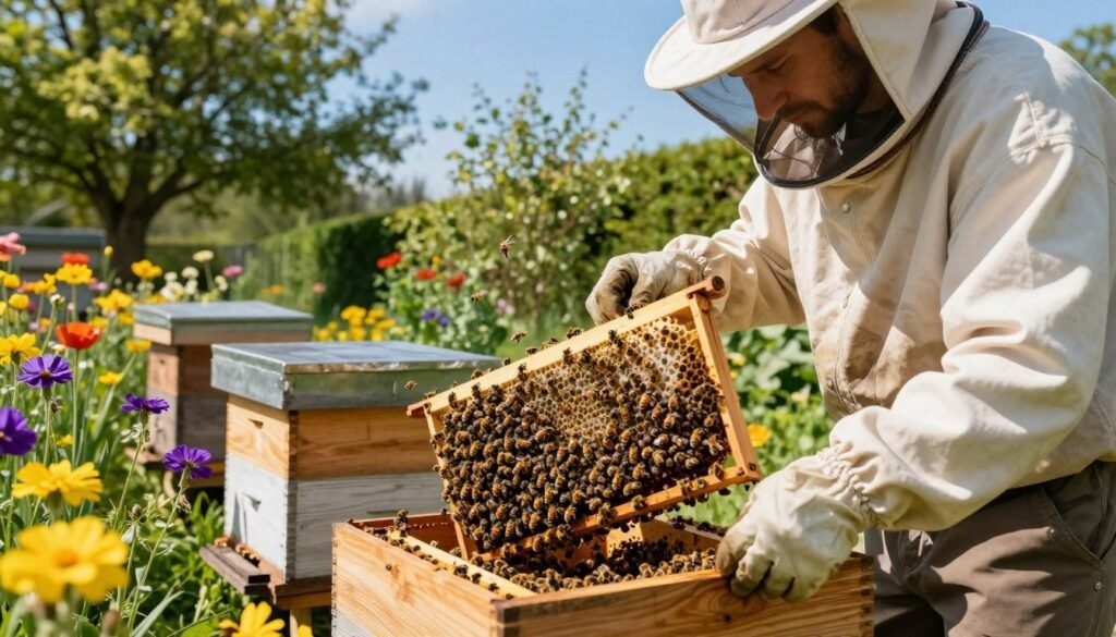 A beekeeper in professional attire carefully inspects a newly installed bee colony in a wooden hive, surrounded by vibrant blooming flowers. The foreground features the beekeeper focused on the hive, gently holding a frame filled with busy bees, showcasing their activity. In the middle ground, you can see the wooden hive, slightly open, with bees buzzing around it, symbolizing the start of a new colony. The background includes a lush garden with sunlit greenery under a clear blue sky, creating an inviting and calm atmosphere. The sunlight filters through the trees, casting soft shadows to enhance the serene mood. The image is shot from a low angle, emphasizing the connection between the beekeeper, the bees, and nature.