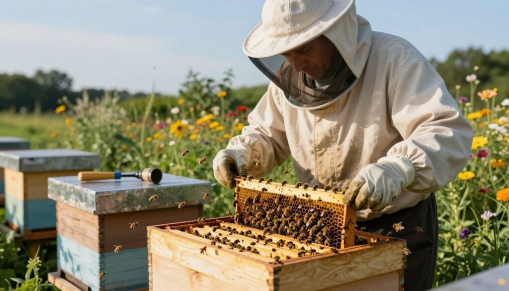 A beekeeper in professional attire carefully manages an aggressive honey bee colony during the requeening process, with a focus on the hive in the foreground. The beekeeper, wearing a protective veil and gloves, exhibits a calm demeanor as they inspect the hive boxes, revealing a flurry of bees buzzing around them, indicating agitation. In the middle ground, scattered tools like a smoker and hive tool suggest action in progress. The background features a lush garden with vibrant wildflowers and a clear blue sky, enhancing the natural setting. Soft, diffused afternoon sunlight illuminates the scene, casting gentle shadows that evoke a sense of tension and focus. The overall mood is one of concentration and respect for the bees, capturing the delicate balance between handling aggression and maintaining harmony. A beekeeper in professional attire carefully manages an aggressive honey bee colony during the requeening process, with a focus on the hive in the foreground. The beekeeper, wearing a protective veil and gloves, exhibits a calm demeanor as they inspect the hive boxes, revealing a flurry of bees buzzing around them, indicating agitation. In the middle ground, scattered tools like a smoker and hive tool suggest action in progress. The background features a lush garden with vibrant wildflowers and a clear blue sky, enhancing the natural setting. Soft, diffused afternoon sunlight illuminates the scene, casting gentle shadows that evoke a sense of tension and focus. The overall mood is one of concentration and respect for the bees, capturing the delicate balance between handling aggression and maintaining harmony.