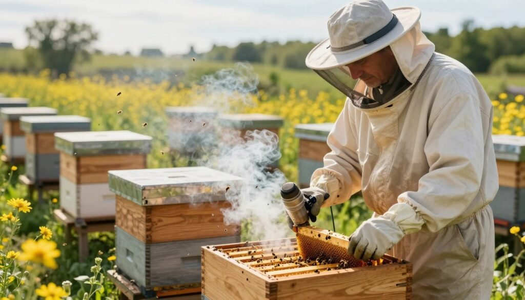 A beekeeper in professional attire carefully manages honey extraction risks in a sunny apiary. In the foreground, the beekeeper, a middle-aged person wearing a protective suit and gloves, inspects a hive box with visible smoke from a smoker, creating a calming atmosphere. The middle ground features several wooden beehive boxes, with bees flying around them, while bright yellow flowers bloom nearby, enhancing the setting's vibrancy. In the background, lush greenery and soft blue skies provide a peaceful backdrop. The lighting is warm and inviting, casting soft shadows on the ground. The image conveys a sense of caution, responsibility, and care associated with beekeeping, emphasizing the importance of safe honey extraction practices. A beekeeper in professional attire carefully manages honey extraction risks in a sunny apiary. In the foreground, the beekeeper, a middle-aged person wearing a protective suit and gloves, inspects a hive box with visible smoke from a smoker, creating a calming atmosphere. The middle ground features several wooden beehive boxes, with bees flying around them, while bright yellow flowers bloom nearby, enhancing the setting's vibrancy. In the background, lush greenery and soft blue skies provide a peaceful backdrop. The lighting is warm and inviting, casting soft shadows on the ground. The image conveys a sense of caution, responsibility, and care associated with beekeeping, emphasizing the importance of safe honey extraction practices.