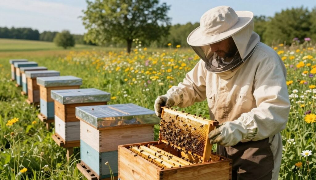 A beekeeper in professional attire carefully manages multiple wooden hives in a lush, sunlit meadow. In the foreground, the beekeeper, wearing a protective veil and gloves, is holding a frame from one of the hives with bees in motion, showcasing the activity and health of the colonies. In the middle ground, several additional hives are arranged in neat rows, some open to reveal golden honeycomb and busy bees. The background features a vibrant landscape of wildflowers and green trees under a clear blue sky. Soft, warm sunlight casts gentle shadows, creating a serene and industrious atmosphere, perfect for highlighting the art of migratory beekeeping. The image should capture the sense of harmony between nature and the beekeeper's diligent work.