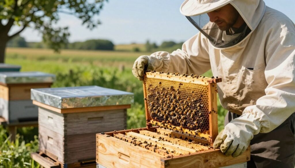 A beekeeper in professional attire examines a honeybee hive with a focus on managing ventilation. The scene is set in a bright, sunlit apiary, highlighting a well-maintained hive with ventilated bottom boards. In the foreground, the beekeeper, wearing a protective veil and gloves, carefully inspects the hive, checking airflow. In the middle, the hive features intricate details of the bottom ventilation slots, allowing fresh air to circulate through the colonies. The background reveals other hives and a lush green landscape under a clear blue sky, enhancing the warm summer atmosphere. Soft light filters through the trees, casting gentle shadows, creating a serene and productive mood, emphasizing the importance of ventilation in hive health.