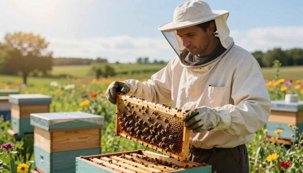 A beekeeper in professional attire stands thoughtfully beside a well-maintained beehive, examining a frame filled with bees. The foreground features the beekeeper's focused expression and gloved hands delicately handling the frame, showcasing healthy brood and honeycomb. In the middle ground, the hive is surrounded by lush greenery, with various flowers blooming, suggesting a vibrant ecosystem. The background displays a clear blue sky with soft, warm sunlight pouring through, creating an inviting atmosphere. The mood is calm and contemplative, capturing a moment of crucial decision-making about requeening. The scene is perfectly framed with a shallow depth of field, focusing on the beekeeper and the hive while slightly blurring the background, emphasizing the importance of the task at hand.