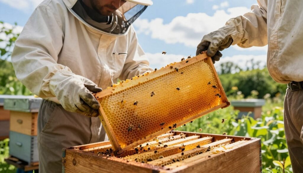 A beekeeper in protective gear carefully handles honey supers, focusing on maintaining the hive's health. The foreground features the beekeeper's gloved hands lifting a honey super, revealing the golden frames filled with honeycombs. In the middle ground, a wooden beehive stands amidst a lush green garden, with bees buzzing around, signifying activity and life. The background showcases a bright blue sky with soft, fluffy clouds, casting gentle sunlight that creates a warm, inviting atmosphere. The scene is captured from a slightly low angle to emphasize the beekeeper's careful actions while adding depth. Soft natural lighting enhances the vivid colors of the honey and the tools used, conveying a sense of diligence and care in the beekeeping process.