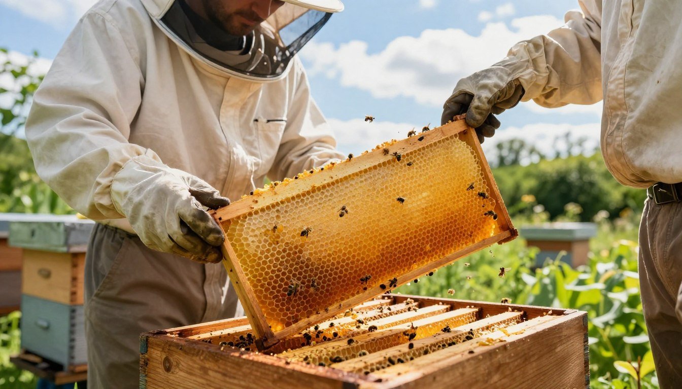 Beekeeper handling honey supers, which must be removed before applying Apivar amitraz treatment