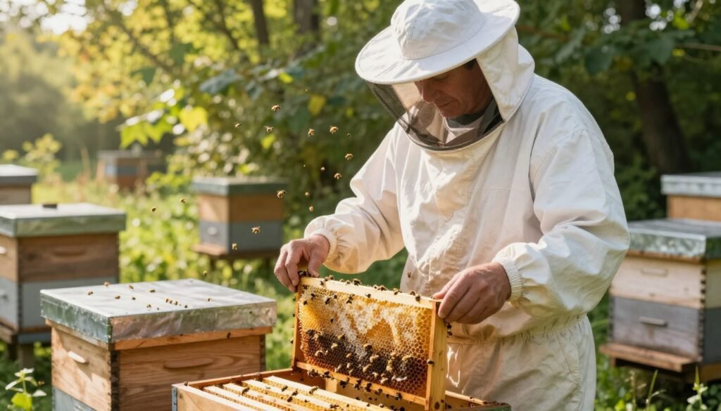 A beekeeper stands confidently in a sunlit apiary, tending to hives without gloves. The foreground features the beekeeper, a middle-aged person wearing a white protective suit, with a light veil shielding their face but with bare hands delicately inspecting a frame filled with golden honeycomb. In the background, lush green foliage surrounds the wooden hives, and bees buzz actively around, creating a sense of life and interaction with nature. Soft, warm sunlight filters through the trees, casting gentle shadows. The mood is serene yet focused, highlighting the intimate connection between the beekeeper and the bees, emphasizing the theme of working without gloves in a professional and safe manner. The angle is slightly low to showcase both the beekeeper and the hives effectively.