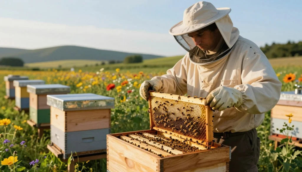 A beekeeping scene showcasing effective hive management practices, set during a bright golden hour. In the foreground, a beekeeper in professional attire examines a wooden hive, attentively inspecting frames filled with honeycomb and buzzing bees. The middle ground features additional hives arranged neatly, with vibrant flowers blooming nearby, creating a natural environment. In the background, gentle rolling hills under a clear blue sky enhance the peaceful atmosphere. Soft sunlight illuminates the scene, creating warm highlights on the bees and hives while casting gentle shadows. The mood conveys a sense of diligence, harmony with nature, and a fruitful interaction between beekeeper and bees, emphasizing best practices in hive management. A beekeeping scene showcasing effective hive management practices, set during a bright golden hour