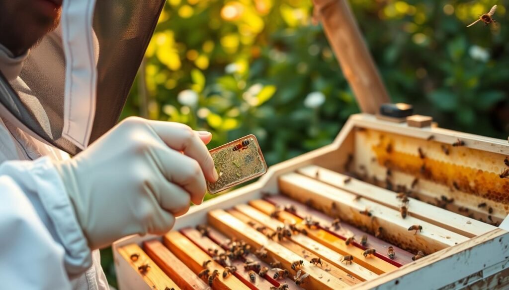 A beginner beekeeper, dressed in a white beekeeping suit and veil, is skillfully using a one-handed queen catcher tool to inspect a hive. In the foreground, focus on the beekeeper's hand as it deftly operates the device, showcasing the tool's design and functionality. In the middle ground, the hive is open, revealing vibrant frames filled with bees, honeycomb, and capped honey. The background features a lush green garden, hinting at the natural environment that supports the bees. Soft, warm sunlight filters through the leaves, creating a calm and inviting atmosphere. Capture the moment from a slightly elevated angle to emphasize the beekeeper’s concentration and the delicate operation of inspecting the queen bee. The overall mood should be one of tranquility and dedication to the craft of beekeeping.