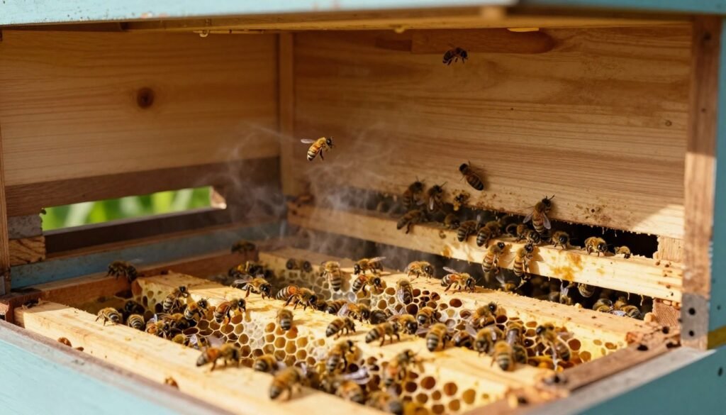A bright and airy beehive interior showcasing optimal ventilation for bee colonies. In the foreground, wooden frames filled with honeycombs, where bees are busy working, creating a feeling of liveliness. In the middle, strategically placed ventilation openings allow fresh air to flow through, with gentle breezes illustrated by soft, fluttering bee wings. The background features a subtle glimpse of outdoor greenery through the hive entrance, creating a sense of freshness and nature. The lighting is warm and natural, simulating sunlight filtering in, casting gentle shadows that enhance the 3D depth of the structure. The atmosphere is calm and productive, emphasizing the importance of a cooler, ventilation-optimized hive for the health and activity of the bees.