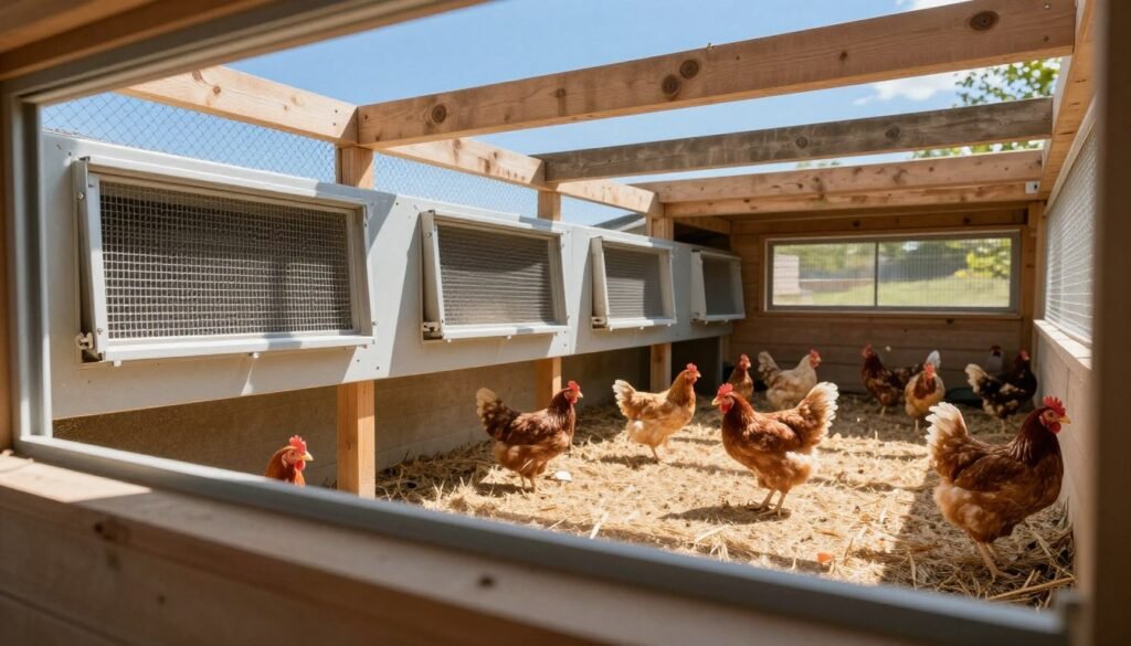A bright and airy chickens' coop interior showcasing effective ventilation. In the foreground, focus on a series of adjustable vents open towards a clear blue sky, allowing fresh air to circulate and cool the space. In the middle, a spacious, well-lit area with chickens comfortably resting on dry, clean bedding, one or two visible peering out from the coop's shaded corners. In the background, wooden beams supporting the structure are visible, with sunlight filtering through the vents and casting soft light patterns on the ground. The atmosphere conveys comfort and relief from heat, hinting at features that promote airflow. The scene is captured from a slightly elevated angle, emphasizing the spaciousness and ventilation efficiency without any human presence.