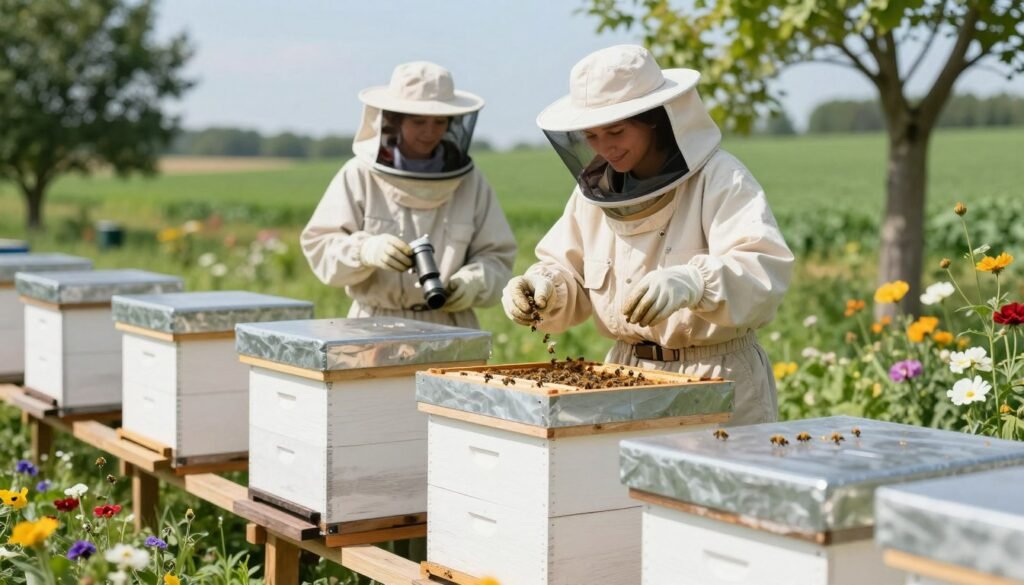 A bright and clean beekeeping environment showcasing an organized apiary. In the foreground, a wooden hive stand is meticulously maintained, with clean, bright hives free of debris. Bees are actively visiting colorful flowers in the surrounding garden. In the middle ground, a person dressed in modest, professional beekeeping attire inspects the hives with a gentle smile, holding a smoker to ensure bees remain calm. The background features lush green fields under a clear blue sky, with soft sunlight filtering through the trees, creating a serene atmosphere. The lens captures an inviting depth of field, emphasizing cleanliness and order in this sustainable beekeeping setup, promoting effective sanitation and pest control.
