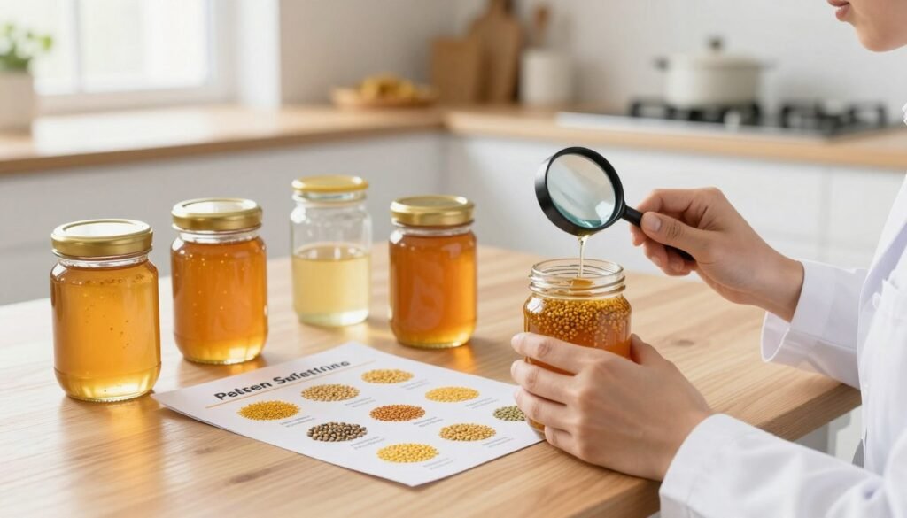 A bright and clean kitchen scene focused on a wooden table displaying an assortment of jars filled with unfiltered honey, each showcasing the natural pollen content. In the foreground, a pair of professional-looking hands, dressed in a white lab coat, carefully examines a honey jar with a magnifying glass. In the middle, a chart or infographic about pollen safety standards sits next to the jars, with colorful visuals representing pollen grains. The background features a softly lit kitchen with light streaming in through a window, creating a warm and inviting atmosphere. The overall mood is educational and reassuring, emphasizing health safety in a professional context. The scene is well-composed, capturing the importance of safety considerations for consumers. A bright and clean kitchen scene focused on a wooden table displaying an assortment of jars filled with unfiltered honey, each showcasing the natural pollen content. In the foreground, a pair of professional-looking hands, dressed in a white lab coat, carefully examines a honey jar with a magnifying glass. In the middle, a chart or infographic about pollen safety standards sits next to the jars, with colorful visuals representing pollen grains. The background features a softly lit kitchen with light streaming in through a window, creating a warm and inviting atmosphere. The overall mood is educational and reassuring, emphasizing health safety in a professional context. The scene is well-composed, capturing the importance of safety considerations for consumers.