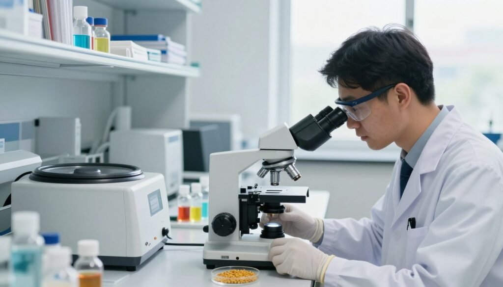 A bright and modern laboratory setup focused on honey bee diagnosis, featuring a clear glass microscope with bee samples under examination. In the foreground, a skilled technician in professional business attire, wearing gloves and safety goggles, carefully observes a petri dish containing honey bee pollen samples. The middle ground shows organized lab equipment, such as centrifuges, microscopes, and glass vials filled with colorful liquids. The background features shelves lined with scientific texts on apiculture and bee health, softly illuminated by natural light streaming through large windows. A serene atmosphere prevails, highlighting precision and expertise in laboratory diagnostic techniques. The shot is taken from a slightly elevated angle, emphasizing the detailed work being done in the lab without any people in the background. The overall mood conveys dedication and professionalism in a state-of-the-art research environment.