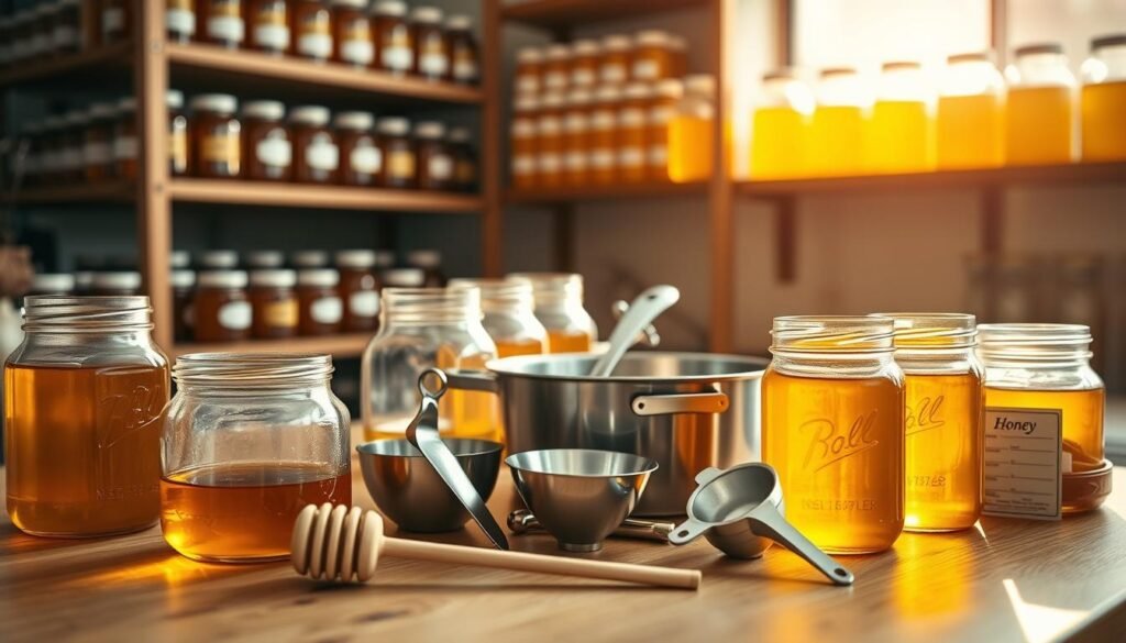 A bright and organized honey bottling station, featuring an array of bottling accessories. In the foreground, place elegant glass jars with golden honey, a honey dipper resting nearby, and various funnel sizes for easy filling. In the middle ground, include tools like a honey strainer, a warm pan for melting wax seals, and labels for jars, all arranged neatly on a wooden table. The background should show shelves filled with clean, labeled jars ready for use, bathed in warm, natural light that creates an inviting atmosphere. Use a shallow depth of field to focus on the accessories, capturing the essence of a professional yet cozy honey bottling workspace. The mood is serene and productive, emphasizing efficiency and craftsmanship. A bright and organized honey bottling station, featuring an array of bottling accessories. In the foreground, place elegant glass jars with golden honey, a honey dipper resting nearby, and various funnel sizes for easy filling. In the middle ground, include tools like a honey strainer, a warm pan for melting wax seals, and labels for jars, all arranged neatly on a wooden table. The background should show shelves filled with clean, labeled jars ready for use, bathed in warm, natural light that creates an inviting atmosphere. Use a shallow depth of field to focus on the accessories, capturing the essence of a professional yet cozy honey bottling workspace. The mood is serene and productive, emphasizing efficiency and craftsmanship.