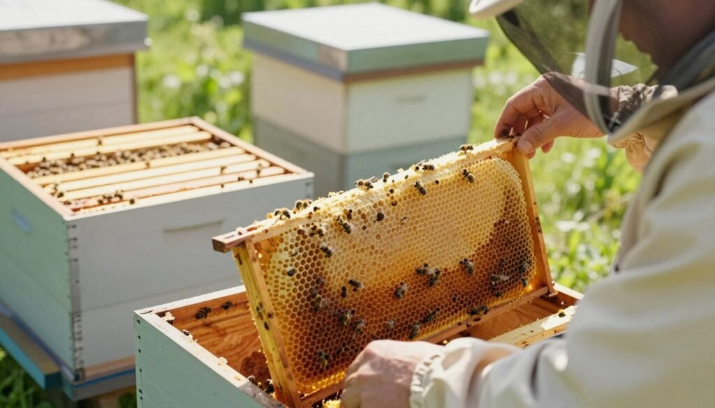 A bright and well-organized beehive interior during a sunny day, showcasing a beekeeper in modest professional attire carefully managing frames of comb filled with honey and brood. In the foreground, the beekeeper is inspecting a frame, highlighting the intricate hexagonal patterns of beeswax. The middle ground features several other frames being placed in their proper positions, with bees actively working on the comb. Soft, natural lighting cascades through a modern hive structure, enhancing the warm, golden tones of the honey and bees. In the background, greenery can be seen through an open hive entrance, emphasizing a harmonious connection with nature. The atmosphere is calm and productive, capturing the essence of optimal hive management for efficient comb construction. A bright and well-organized beehive interior during a sunny day, showcasing a beekeeper in modest professional attire carefully managing frames of comb filled with honey and brood. In the foreground, the beekeeper is inspecting a frame, highlighting the intricate hexagonal patterns of beeswax. The middle ground features several other frames being placed in their proper positions, with bees actively working on the comb. Soft, natural lighting cascades through a modern hive structure, enhancing the warm, golden tones of the honey and bees. In the background, greenery can be seen through an open hive entrance, emphasizing a harmonious connection with nature. The atmosphere is calm and productive, capturing the essence of optimal hive management for efficient comb construction.