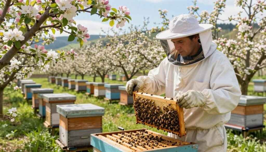 A bright apple orchard in full bloom during spring offers a vibrant setting, with delicate pink and white blossoms filling the branches. In the foreground, a professional beekeeper dressed in a white suit and protective veil is inspecting a strong bee colony, using a hive tool to assess the bees' activity. The beekeeper's expressions indicate careful thought and focus on the colony's health, emphasizing the importance of pollination. In the middle ground, various hives are arranged neatly on flowering grass, showcasing diverse hive sizes to represent optimal density. The background features distant, rolling hills under a clear blue sky, with soft sunlight casting warm, inviting tones across the scene, creating an atmosphere of growth and harmony. A bright apple orchard in full bloom during spring offers a vibrant setting, with delicate pink and white blossoms filling the branches. In the foreground, a professional beekeeper dressed in a white suit and protective veil is inspecting a strong bee colony, using a hive tool to assess the bees' activity. The beekeeper's expressions indicate careful thought and focus on the colony's health, emphasizing the importance of pollination. In the middle ground, various hives are arranged neatly on flowering grass, showcasing diverse hive sizes to represent optimal density. The background features distant, rolling hills under a clear blue sky, with soft sunlight casting warm, inviting tones across the scene, creating an atmosphere of growth and harmony.