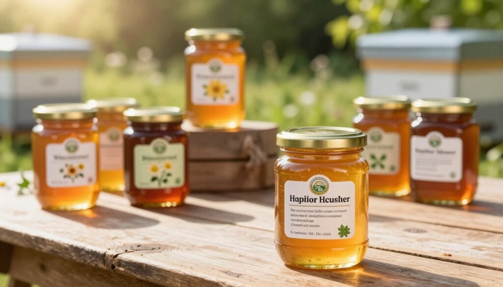 A bright, informative scene displaying essential labeling requirements for honey jars. In the foreground, a close-up of a honey jar filled with golden honey, showcasing a clear label detailing ingredients and nutritional information, highlighted by a subtle shine from the honey. The middle ground features a display of various honey jars, each with distinct labels indicating different floral sources like wildflower and clover, arranged artistically on a rustic wooden table. In the background, a softly blurred apiary with beehives and lush greenery under warm sunlight, casting gentle shadows. The overall atmosphere is bright and inviting, evoking a sense of freshness and natural sweetness, perfect for an informative article about honey. The lighting is warm and soft, suggesting a late afternoon ambiance, with a shallow depth of field for a professional presentation.