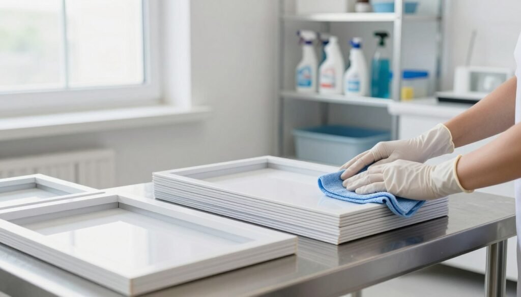 A bright, sterile workspace featuring clean, well-organized frames of various sizes stacked neatly on a stainless steel table in the foreground. A pair of gloved hands carefully wipe down the surfaces with a microfiber cloth, ensuring no dust or debris remains. In the middle ground, a shelving unit holds cleaning supplies, including spray bottles and additional cleaning tools, all arranged methodically. Soft, diffused overhead lighting creates a professional atmosphere, casting gentle shadows that highlight the pristine condition of the frames. In the background, a large window lets in natural light, enhancing the clean and uncluttered feel of the scene. The mood conveys a sense of diligence and care in the handling of the frames, emphasizing the importance of clean and proper maintenance.