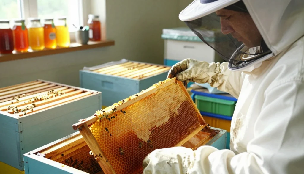 A bright, sunlit indoor apiary workshop filled with beekeeping equipment and vibrant honeybee colonies. In the foreground, a beekeeper in a white suit and protective veil carefully inspects frames filled with capped honeycomb, ensuring they are ready for queen cell raising. The intricate details of the honeycomb glisten in the light, showcasing rich shades of amber and gold. In the middle ground, additional frames are arranged neatly, with some showing open cells and worker bees busily moving around, contributing to the atmosphere of focused activity. In the background, shelves hold jars of honey and beekeeping tools, with sunlight streaming through the windows, creating a warm and industrious mood. The angle should capture a close-up view of the beekeeper's actions to emphasize the meticulous preparation involved in the process. A bright, sunlit indoor apiary workshop filled with beekeeping equipment and vibrant honeybee colonies