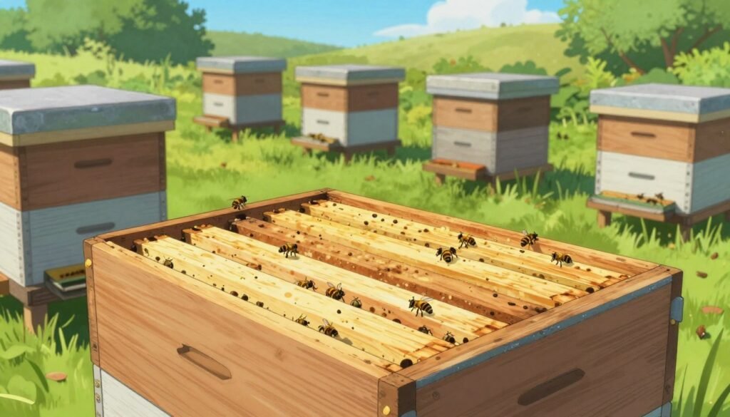 A bright, sunny outdoor scene showing a well-constructed slatted rack for beekeeping, surrounded by hives in a neat, organized apiary. In the foreground, focus on the slatted rack, with its wooden slats and small gaps, illustrated in detail to highlight how it minimizes burr comb. In the middle ground, showcase bees actively working around the hives, emphasizing a vibrant, busy atmosphere. In the background, include lush greenery and a clear blue sky, adding to the serene summer setting. Utilize soft, natural lighting to create a warm and inviting ambiance. Capture the scene from a slightly elevated angle, allowing for a comprehensive view of the rack's effectiveness in hive management during summer.