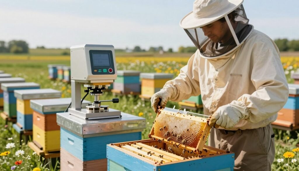 A bright, well-lit apiary scene showcasing modern honey harvesting techniques. In the foreground, a beekeeper in professional attire expertly operates a sleek, transparent hive tool, gently extracting honeycomb without disturbing the bees, emphasizing a non-invasive approach. The middle ground features advanced beekeeping equipment, like honey extractors equipped with digital displays, surrounded by blooming flowers that suggest a thriving ecosystem. In the background, rows of vibrant hives and a blue sky create a serene atmosphere. Use natural, warm lighting to enhance the golden hues of honey and capture the excitement of innovation in beekeeping. A shallow depth of field focuses on the beekeeper while softly blurring the hives, creating an engaging and peaceful setting. A bright, well-lit apiary scene showcasing modern honey harvesting techniques. In the foreground, a beekeeper in professional attire expertly operates a sleek, transparent hive tool, gently extracting honeycomb without disturbing the bees, emphasizing a non-invasive approach. The middle ground features advanced beekeeping equipment, like honey extractors equipped with digital displays, surrounded by blooming flowers that suggest a thriving ecosystem. In the background, rows of vibrant hives and a blue sky create a serene atmosphere. Use natural, warm lighting to enhance the golden hues of honey and capture the excitement of innovation in beekeeping. A shallow depth of field focuses on the beekeeper while softly blurring the hives, creating an engaging and peaceful setting.