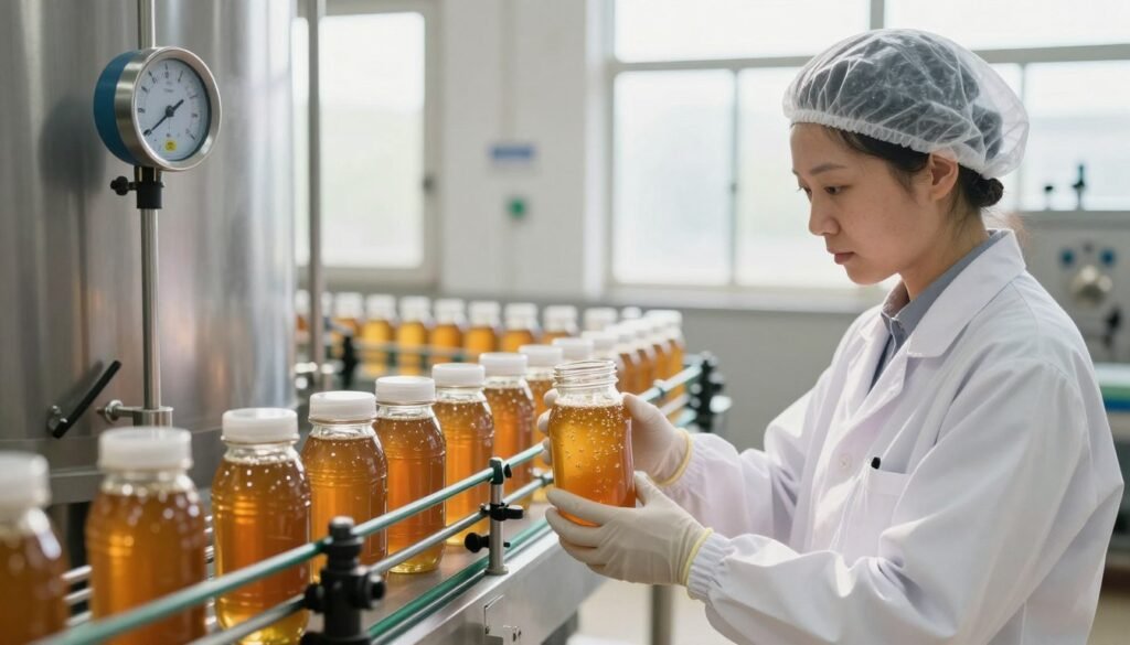 A bright, well-lit honey bottling facility. In the foreground, a professional wearing a clean white lab coat and gloves inspects a bottling line, focusing on a filled glass jar of honey with bubbles that indicate improper sealing. The worker is handling the jar carefully, conveying diligence in preventing common bottling issues. In the middle ground, various honey bottles are lined up on a conveyor belt, showcasing proper sealing techniques and temperature control gadgets nearby. The background features a large thermostat showing the ideal temperature range for bottling honey, with sunlight streaming in through large windows, creating a warm and inviting atmosphere. The overall scene conveys a sense of professionalism, precision, and attention to detail in honey bottling practices.