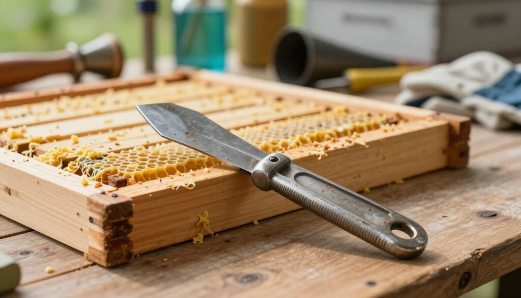 A bright, well-lit workspace features a hive tool prominently in the foreground, showcasing its metallic texture and rugged design. The tool is positioned at an angle, highlighting its flat end, ideal for prying apart bee frames. In the middle ground, a wooden beehive frame marked with remnants of propolis is placed on a rustic table, accentuated by soft natural lighting. The background offers a blurred view of beekeeping supplies—smoker, gloves, and other tools—creating a context of active maintenance. The atmosphere conveys a sense of diligent care and connection to nature, with warm tones enhancing the inviting workspace. The image captures the essence of beekeeping, focusing on essential tools, with no text or people visible. A bright, well-lit workspace features a hive tool prominently in the foreground, showcasing its metallic texture and rugged design. The tool is positioned at an angle, highlighting its flat end, ideal for prying apart bee frames. In the middle ground, a wooden beehive frame marked with remnants of propolis is placed on a rustic table, accentuated by soft natural lighting. The background offers a blurred view of beekeeping supplies—smoker, gloves, and other tools—creating a context of active maintenance. The atmosphere conveys a sense of diligent care and connection to nature, with warm tones enhancing the inviting workspace. The image captures the essence of beekeeping, focusing on essential tools, with no text or people visible.