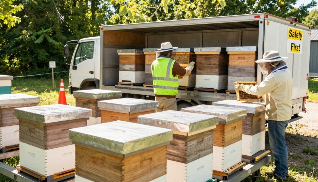 A bright, well-organized loading area for migratory beekeeping hives during the day, showcasing a team of two professionals, one in a safety vest and the other wearing protective gear, carefully securing hives into a trailer designed for transport. In the foreground, detailed bee hives, meticulously stacked and fastened, reflect a commitment to safety. The middle ground features a truck equipped to haul the hives, surrounded by safety cones and clear signage indicating "Safety First." The background has lush greenery, symbolizing a peaceful environment for the bees. Natural sunlight filters through, creating a warm and reassuring atmosphere that emphasizes safety and professionalism in handling the delicate task of loading and transporting hives. The angle captures both the action and the surrounding environment, highlighting the importance of safe logistics in migratory pollination.