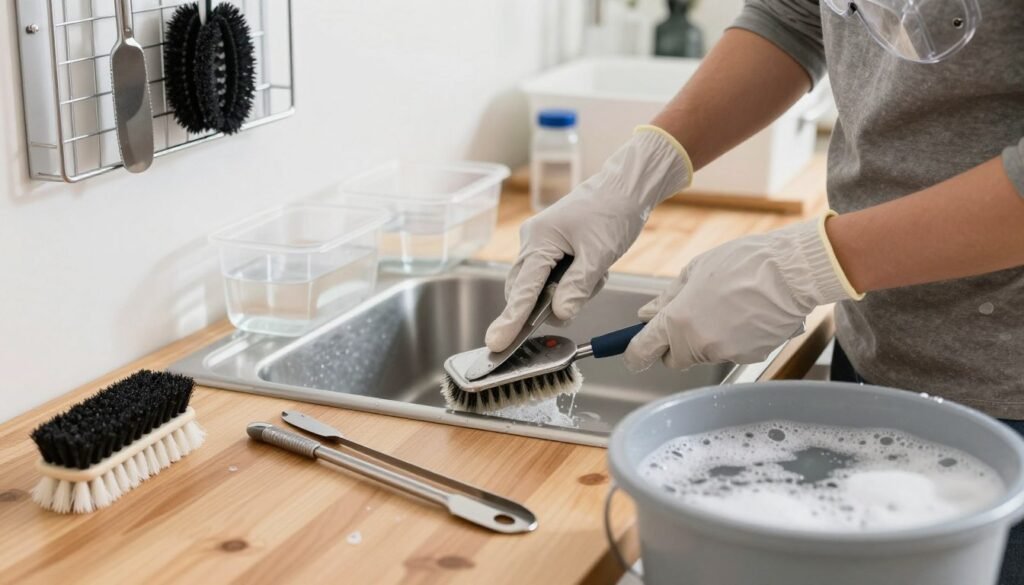A brightly lit, professional workspace focused on effective scrubbing and rinsing techniques for hive tools. In the foreground, a pair of clean, stainless-steel hive tools sits on a wooden table, surrounded by a scrub brush and a bucket of soapy water, glistening with bubbles. In the middle, a person in modest casual clothing, wearing gloves and safety goggles, is vigorously scrubbing a hive tool. Their focused expression conveys dedication to cleanliness. The background features clear containers for rinsing with clean water and a wall-mounted drying rack displaying freshly sanitized tools. Soft shadows enhance the atmosphere, suggesting a clean, methodical environment dedicated to sanitation. The angle captures both the action and the tools clearly, emphasizing the importance of effective cleaning. A brightly lit, professional workspace focused on effective scrubbing and rinsing techniques for hive tools. In the foreground, a pair of clean, stainless-steel hive tools sits on a wooden table, surrounded by a scrub brush and a bucket of soapy water, glistening with bubbles. In the middle, a person in modest casual clothing, wearing gloves and safety goggles, is vigorously scrubbing a hive tool. Their focused expression conveys dedication to cleanliness. The background features clear containers for rinsing with clean water and a wall-mounted drying rack displaying freshly sanitized tools. Soft shadows enhance the atmosphere, suggesting a clean, methodical environment dedicated to sanitation. The angle captures both the action and the tools clearly, emphasizing the importance of effective cleaning.