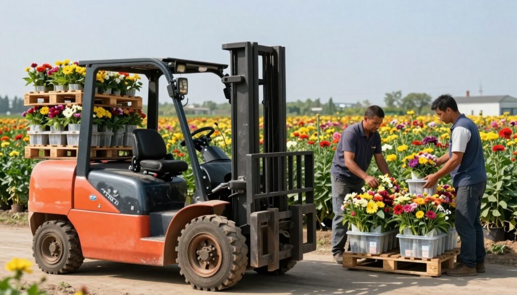 A bustling agricultural scene set on a sunny day, featuring two methods of pallet handling for pollination. In the foreground, a brightly colored forklift skillfully maneuvers pallets of flowering crops stacked high, showcasing its efficiency and power. To the side, a group of two workers in professional attire is hand-loading smaller, carefully arranged flower bundles into containers, highlighting the meticulous nature of this alternative method. The middle ground reveals rows of vibrant plants in full bloom, creating a lively backdrop. In the background, a clear blue sky stretches overhead, radiating warmth and a sense of productivity. The image captures the contrast between mechanized and manual pollination operations, emphasizing teamwork and technology in agriculture, with soft lighting enhancing the inviting atmosphere.
