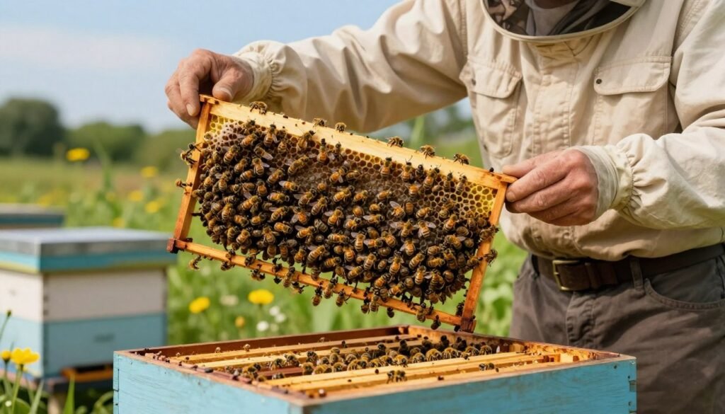 A bustling beehive scene depicting a beekeeper in a professional, modest outfit carefully preparing a colony for the introduction of a new queen bee. In the foreground, the beekeeper gently lifts a frame filled with bees, their intricate patterns and movements showcasing the colony's activity. The middle ground features a close-up view of the hive, with bees clustering around a new queen, marked for identification. The background displays lush greenery and a clear blue sky, creating a serene and natural atmosphere. Soft, warm lighting highlights the bees and beekeeper, enhancing the vibrant colors of the hive and surrounding flowers. The overall mood conveys a sense of care and anticipation, emphasizing the importance of this transition in the colony.